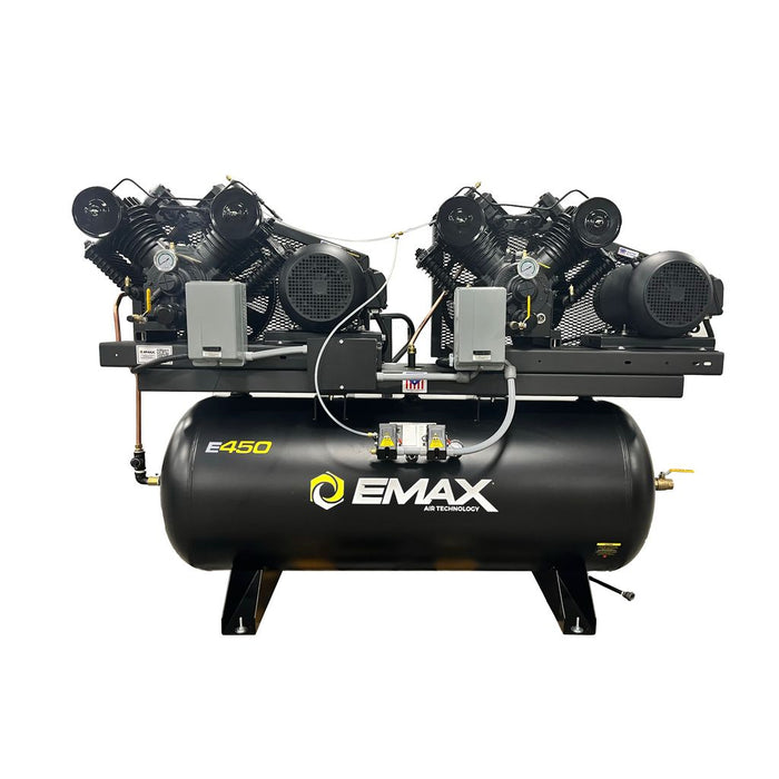 EMAX E450 SD Silent Air duplex compressor showing dual pump layout on 120 gallon horizontal tank