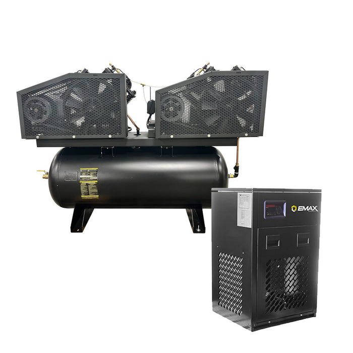Rear view of EMAX E450 SD silent air alternating horizontal duplex air compressor with attached air dryer