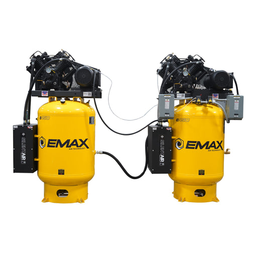 EMAX E450 Series dual vertical silent air compressor with alternating airlink system and two stationary tanks