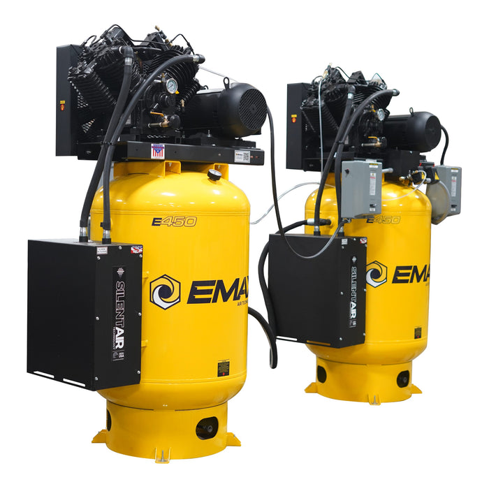 EMAX E450 Series silent air industrial compressor featuring dual vertical tanks and pressure lubricated pumps