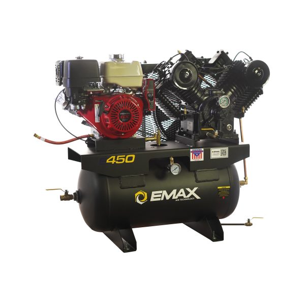 Side angle view of EMAX Honda GX 13 HP gas driven truck mount stationary air compressor with V4 two stage piston pump