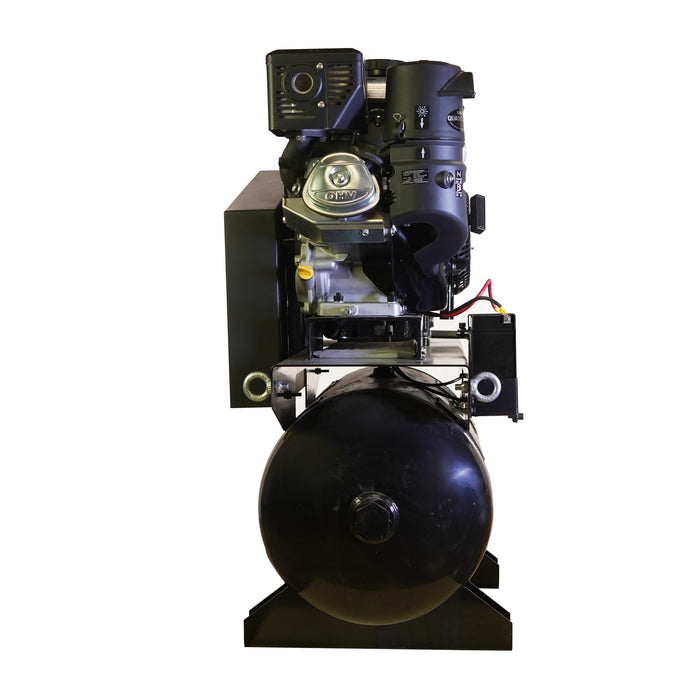 Side view of EMAX Kohler Command Pro truck mount air compressor showing tank and frame