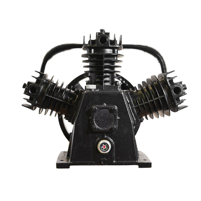 Side view of EMAX reciprocating splash lubricated bare air compressor pump showing cast iron pump body and belt driven flywheel for industrial use