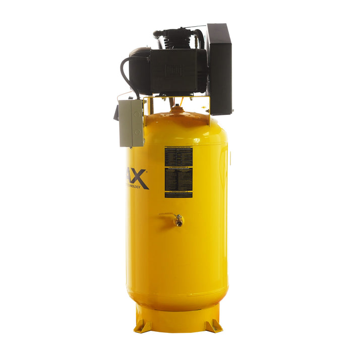 Back angle view of EMAX E250S silent air splash-lubricated industrial piston air compressor with vertical tank
