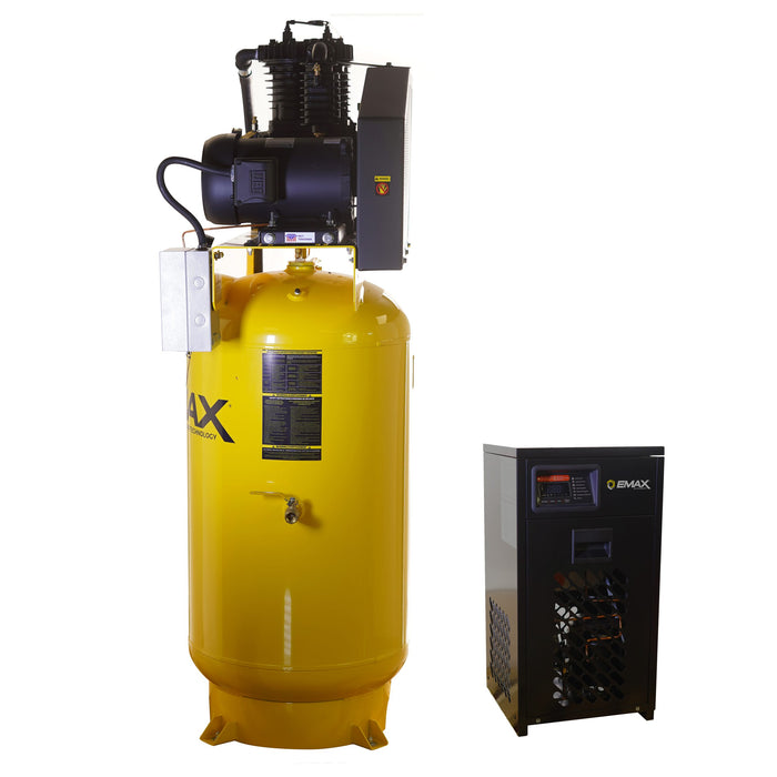 Side view of EMAX Silent Air industrial vertical piston air compressor with 80 gallon tank shown alongside matching refrigerated air dryer