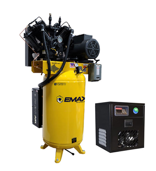 EMAX Silent Air industrial vertical piston air compressor with 80 gallon tank and refrigerated air dryer shown side by side