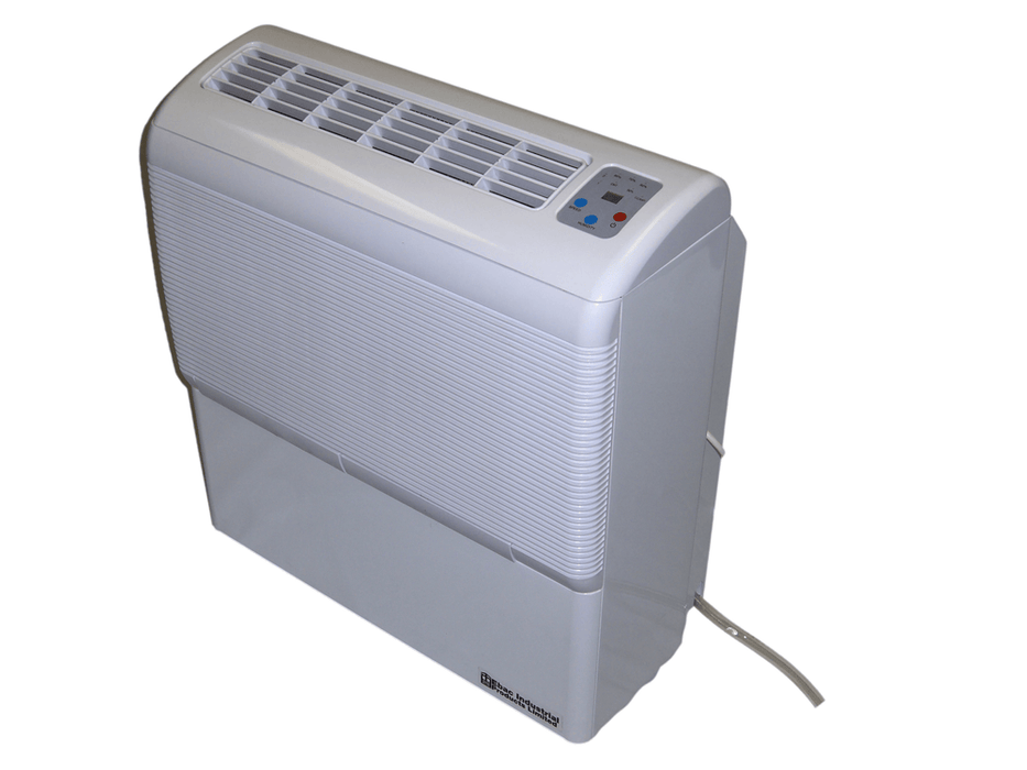 Top view of industrial dehumidifier with integrated air outlet vents and control interface