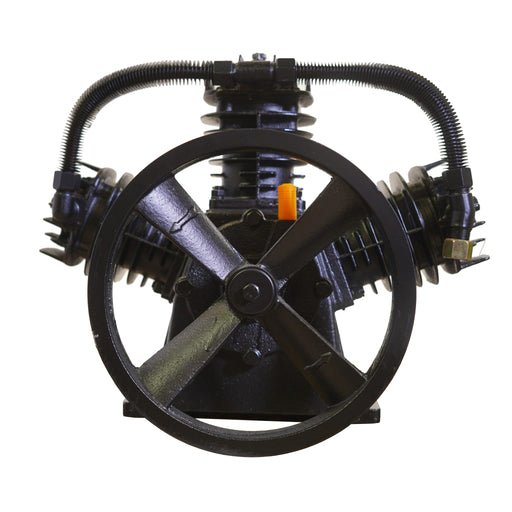 Front view of splash lubricated reciprocating bare compressor pump with dual cylinder design and heavy duty cooling fins for high airflow performance