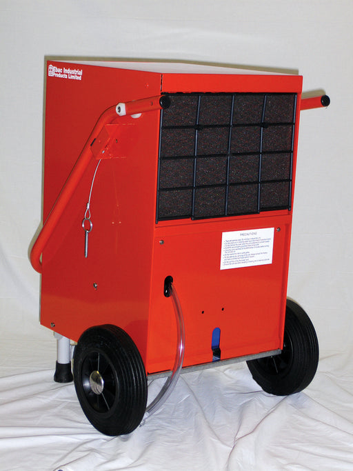 Rear view of Ebac Triton dehumidifier showing air filter panel, drain hose connection, wheels, and steel housing.