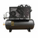Two stage industrial air compressor with belt guard, electric motor, and horizontal steel air tank