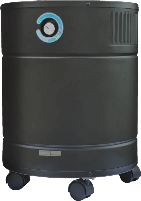 AllerAir AirMedic Pro 5 Ultra air purifier in black with control dial on a white background.