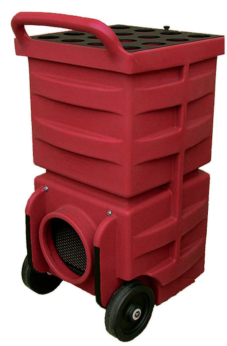 Rear view of Red Novatek Novair 1000 Negative Air Machine with visible air outlet, sturdy wheels for portability, and durable casing for harsh conditions